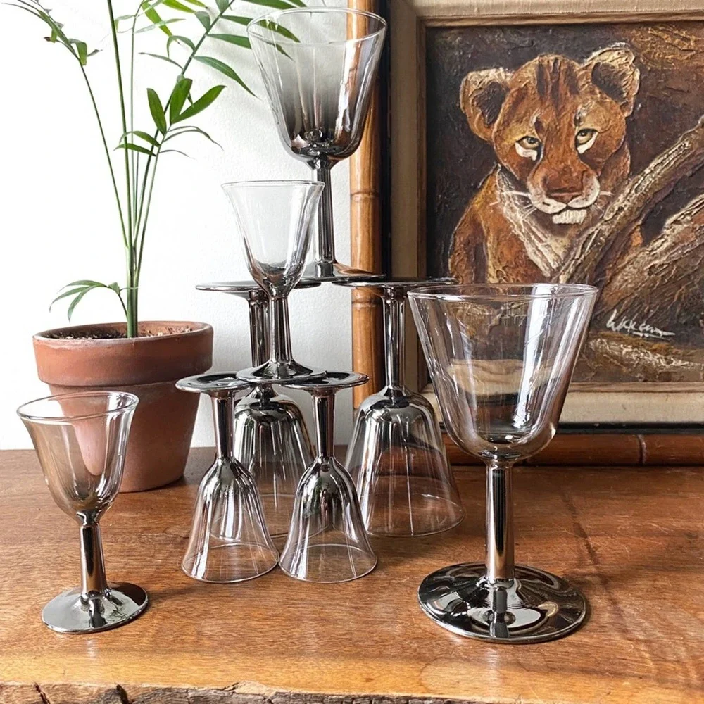 Mid Century Modern Stemware, Cocktail Glass Set Silver Ombre Lusterware
